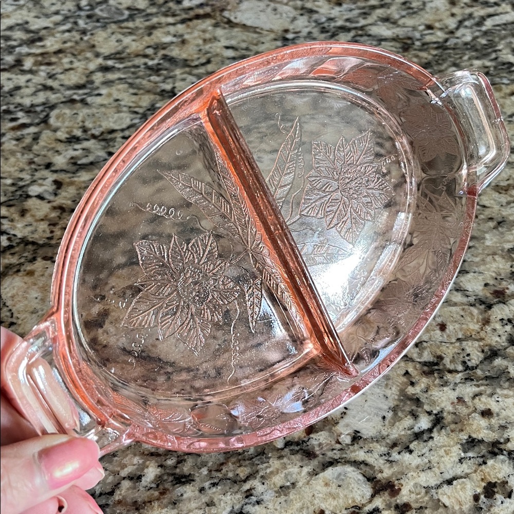 Oval Pink Depression Glass Condiment Dish w/ Embossed Floral Poinsettia Handles